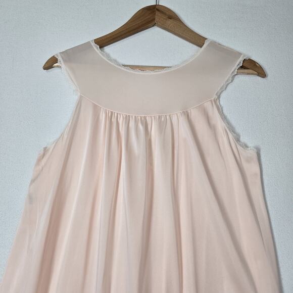 VTG Shadowline Satin Long Nightgown S Peach Sleeveless V-Neck Lace Embr Flowers - Picture 7 of 13